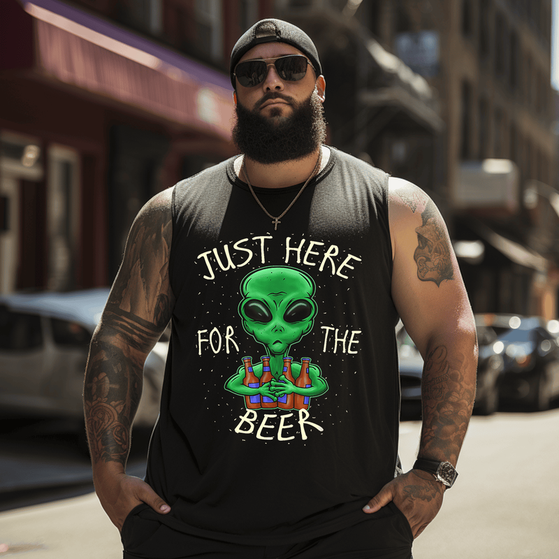 Alien likes beer Tank Top Sleeveless Tee, Oversized T-Shirt for Big and Tall