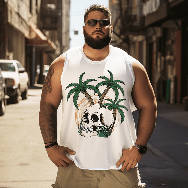 Skull and Palm Trees Tank Top Sleeveless Tee, Oversized T-Shirt for Big and Tall