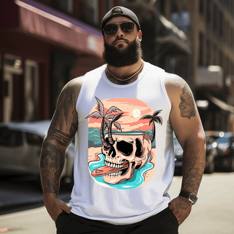 Skull and Beach 2# Tank Top Sleeveless Tee, Oversized T-Shirt for Big and Tall