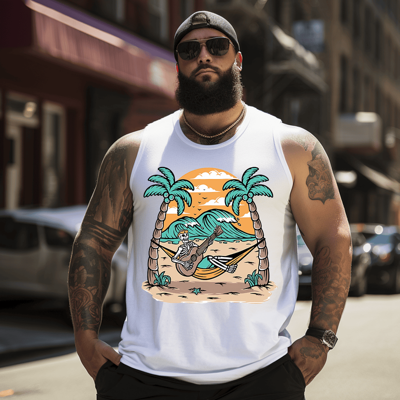 Skull Playing Guitar on The Beach Trees Tank Top Sleeveless Tee, Oversized T-Shirt for Big and Tall