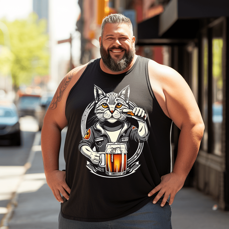Cat With Beer Tank Top Sleeveless Tee, Oversized T-Shirt for Big and Tall