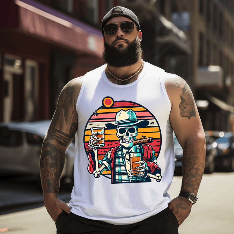 Skull and Beer Tank Top Sleeveless Tee, Oversized T-Shirt for Big and Tall