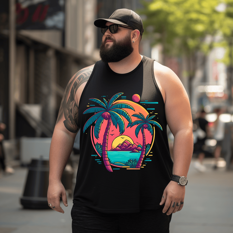 Tropical Island Beach Tank Top Sleeveless Tee, Oversized T-Shirt for Big and Tall