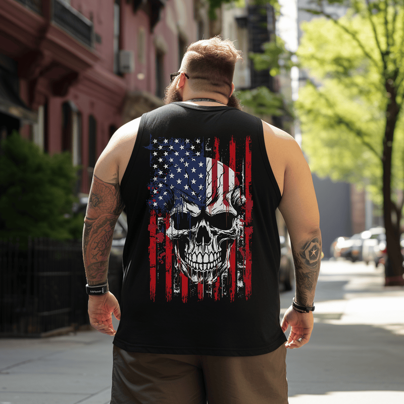 American Flag Skull Tank Top Sleeveless Tee, Oversized T-Shirt for Big and Tall