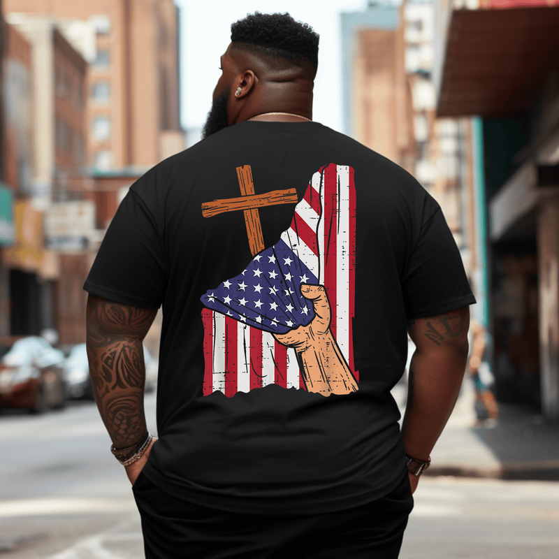 Cross Behind US Flag Religious God Jesus Patriotic Christian T-Shirt Plus Size Men T-Shirt