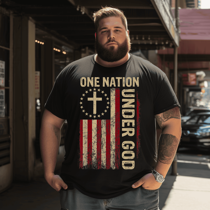 One Nation Under God American Flag Patriotic Men T-Shirt, Plus Size Oversize T-shirt for Big & Tall Man