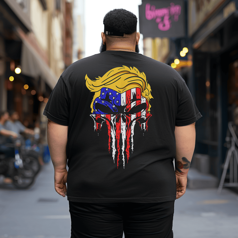 Skull USA Flag Hair Funny Men T-Shirt, Plus Size Oversized T-Shirt for Big and Tall Men