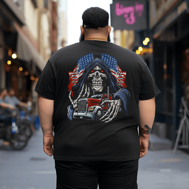 USA Flag Skeleton Skull Reaper Trucker Truck Driver T-Shirt, Plus Size Oversized T-Shirt for Big and Tall Men 1XL-9XL