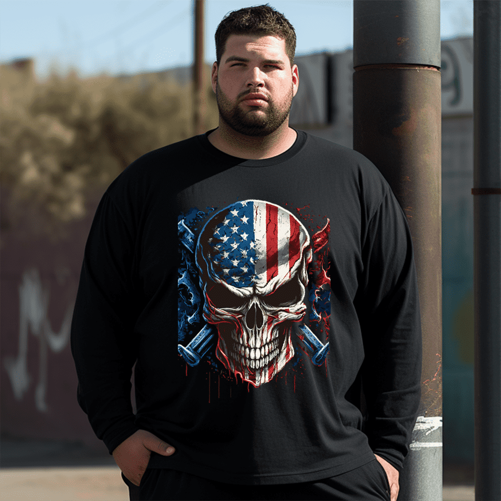 Two Guns Flag Skull Plus Size Long Sleeve T-Shirt