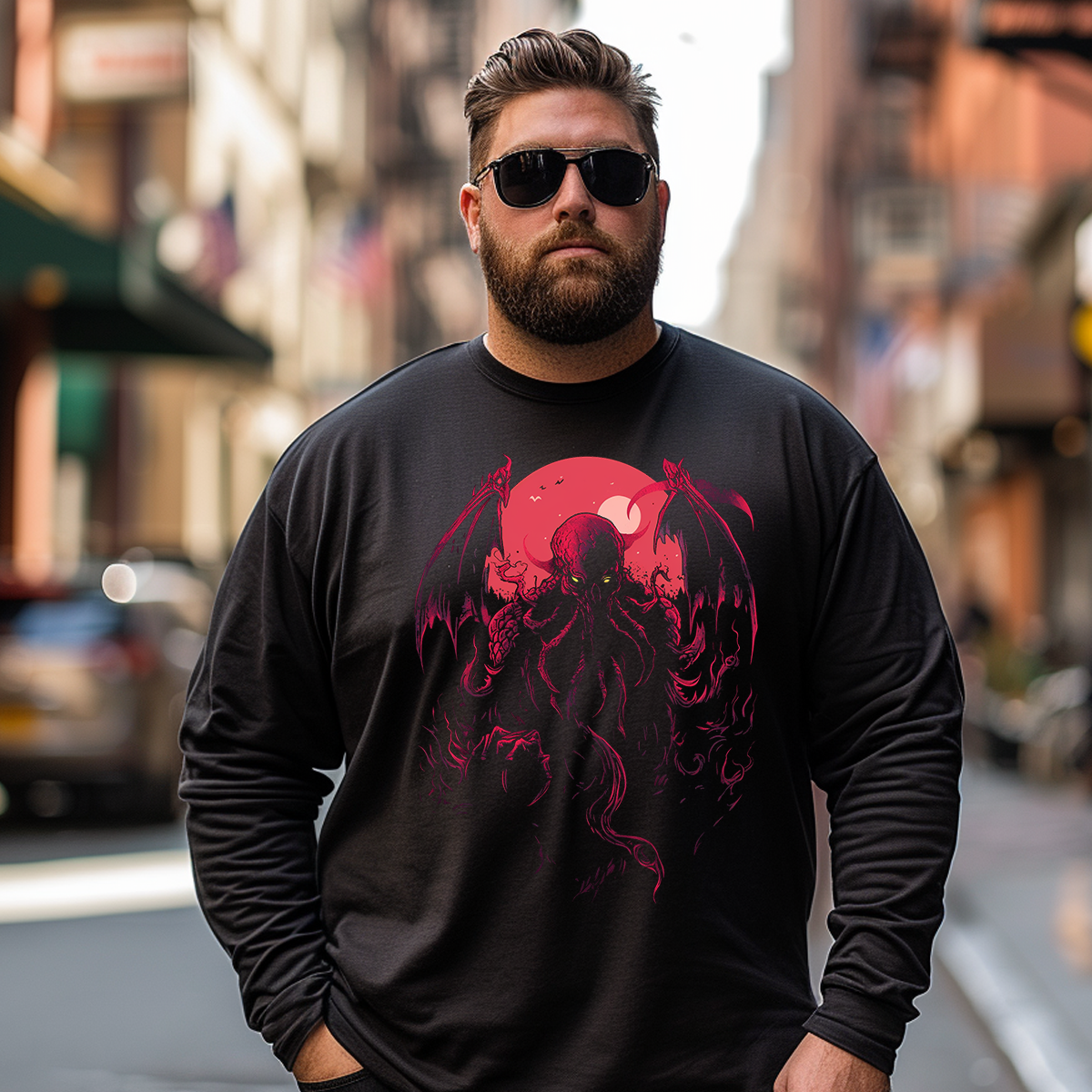 Cthulhu Mistery Monster Under Red Moon Plus Size Long Sleeve T-Shirt #2