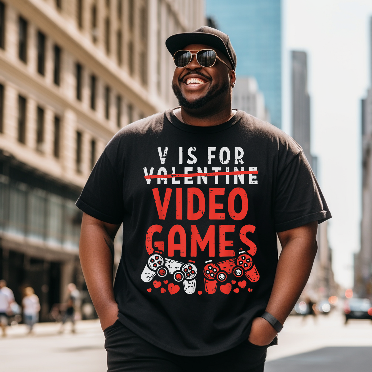 V IS FOR VIDEO GAMES Valentines Day T-Shirt, Men Plus Size Oversize T-shirt for Big & Tall Man