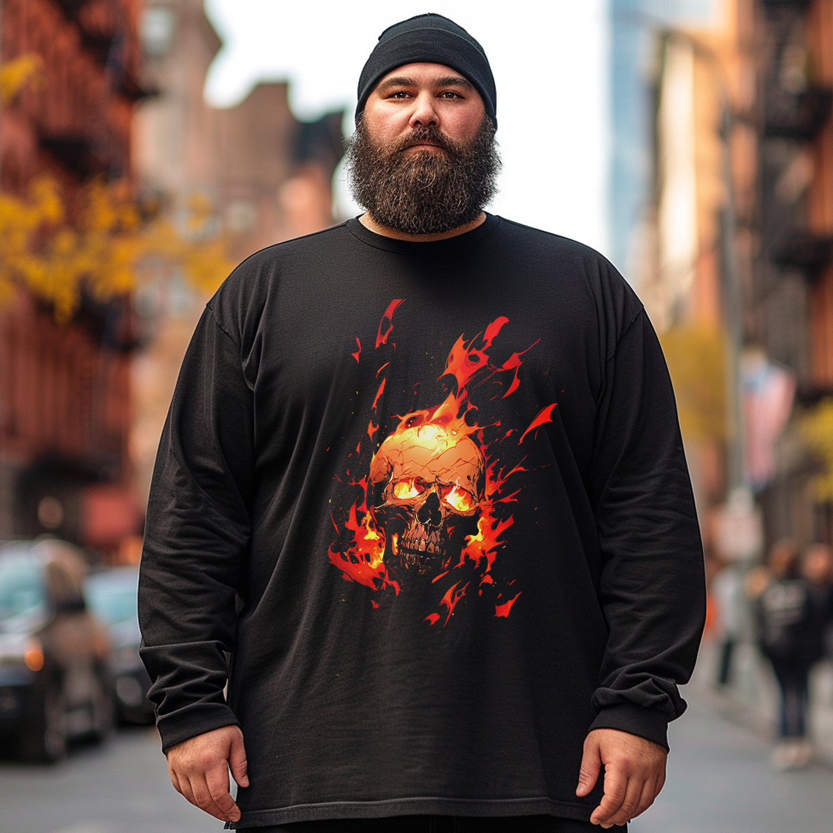 Burning Skull Plus Size Long Sleeve T-Shirt