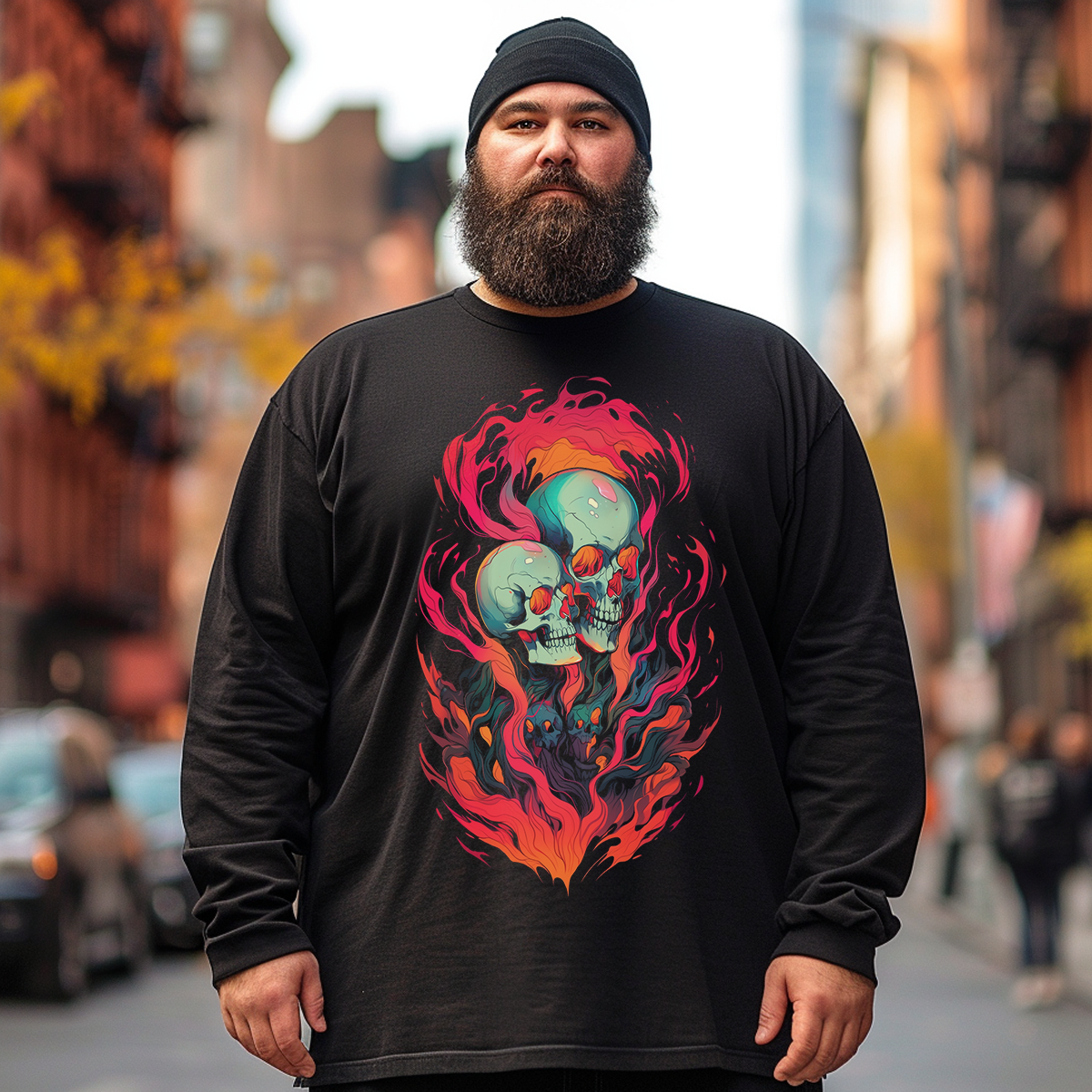 Skulls In Flames Plus Size Long Sleeve T-Shirt