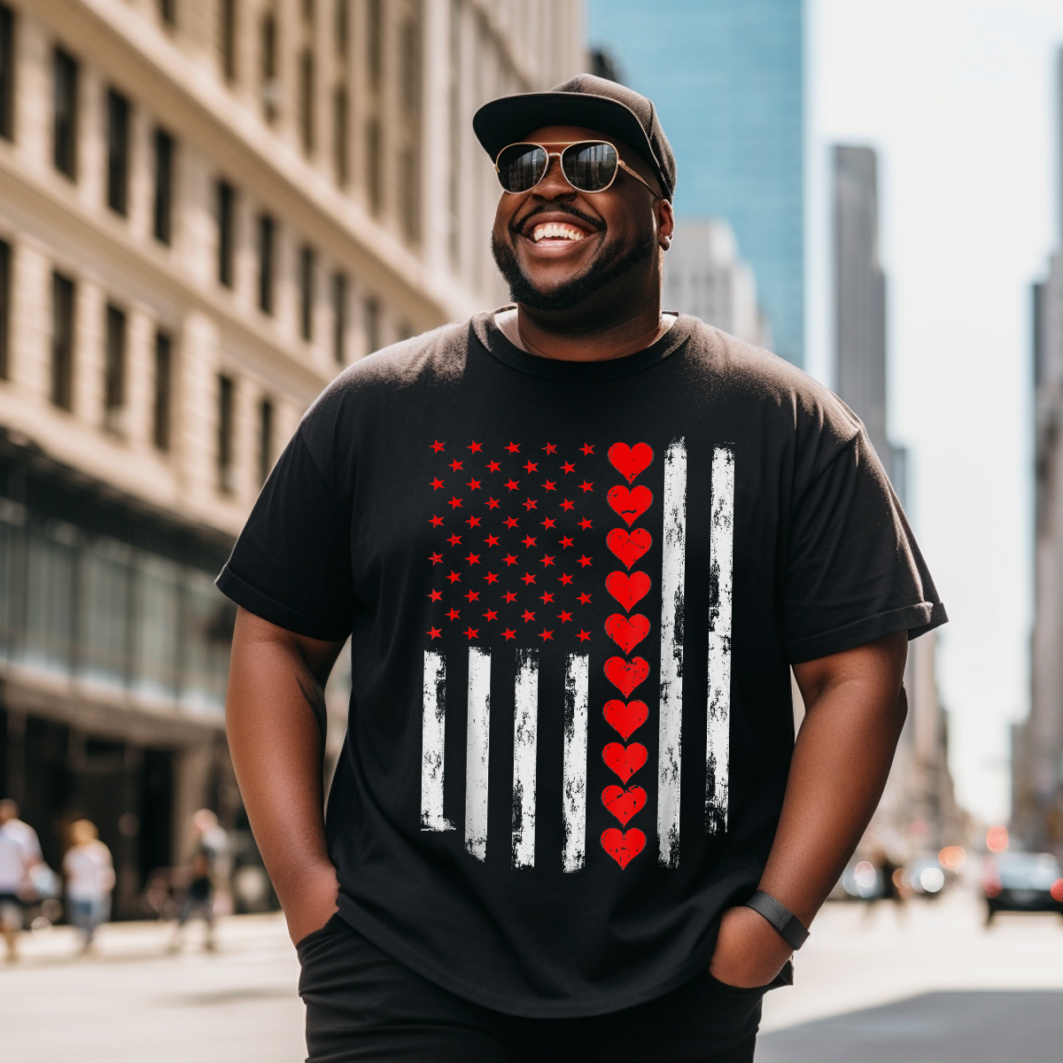 American US Flag Heart Valentine Gift T-Shirt, Men Plus Size Oversize T-shirt for Big & Tall Man