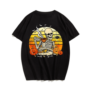 Skull and coffee Halloween Men T-Shirt, Plus Size Oversize T-shirt for Big & Tall Man