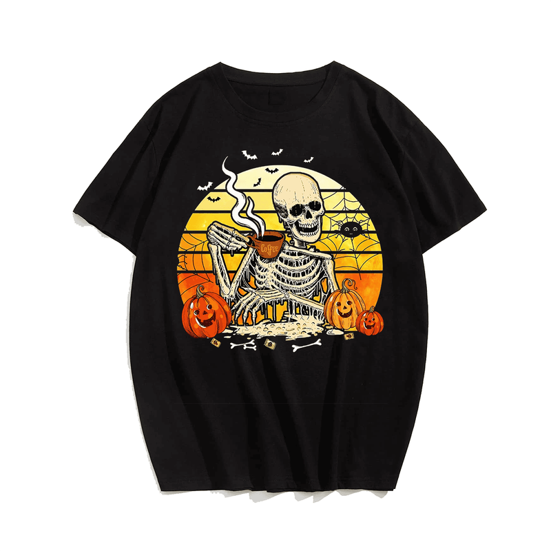 Horror Skull and coffee Halloween Men T-Shirt, Plus Size Oversize T-shirt for Big & Tall Man