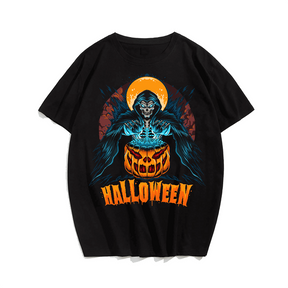 Halloween Skull Pumpkin T-Shirt, Plus Size Oversize T-shirt for Big & Tall Man