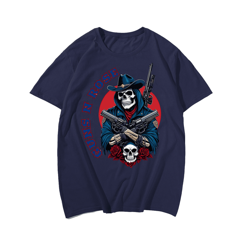 Skull Sheriff Cowboy T-Shirt, Men Plus Size Oversize T-shirt for Big & Tall Man