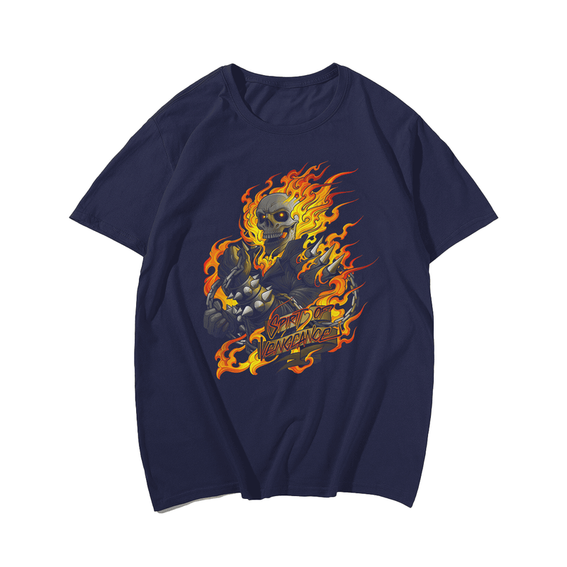 Spirit of Vengeance Flaming Skull T-Shirt, Men Plus Size Oversize T-shirt for Big & Tall Man