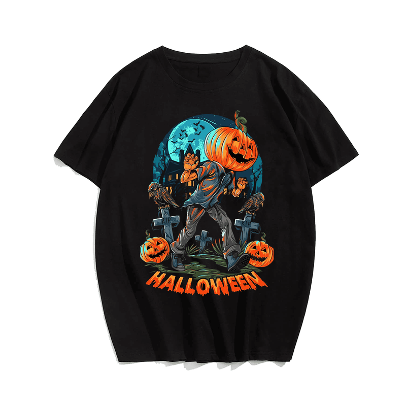 Halloween Pumpkin Men T-Shirt, Plus Size Oversize T-shirt for Big & Tall Man