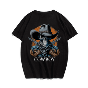 Skull Cowboy T-Shirt, Men Plus Size Oversize T-shirt for Big & Tall Man