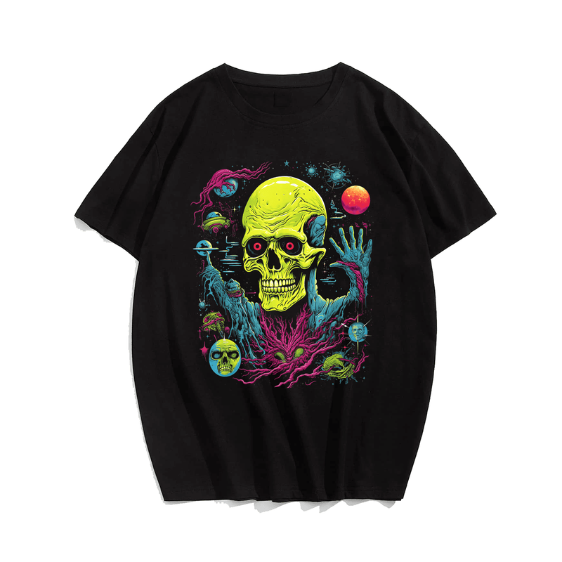 Retro Space Universe Skull T-Shirt, Plus Size Oversize T-shirt for Big & Tall Man
