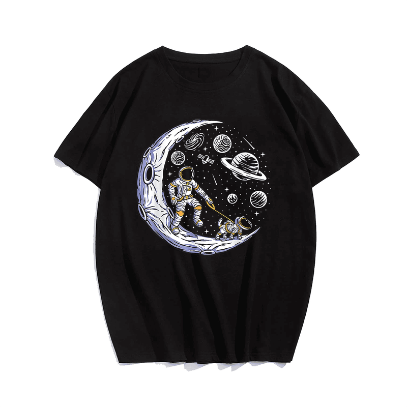 Astronaut Walking A Dog On The Moon In Space T-Shirt, Plus Size Oversize T-shirt for Big & Tall Man