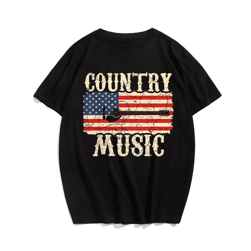 Country Music Retro Vintage Guitar American Flag T-Shirt, Plus Size Oversize T-shirt for Big & Tall Man