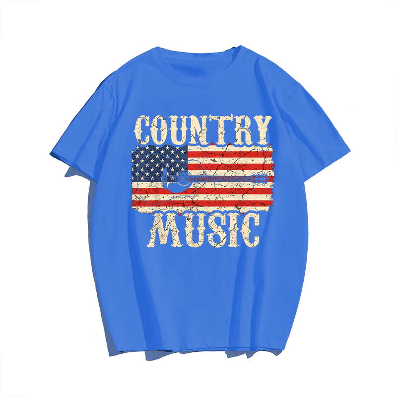 Country Music Retro Vintage Guitar American Flag T-Shirt, Plus Size Oversize T-shirt for Big & Tall Man