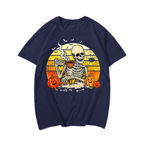 Horror Skull and coffee Halloween Men T-Shirt, Plus Size Oversize T-shirt for Big & Tall Man