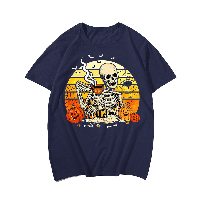 Skull and coffee Halloween Men T-Shirt, Plus Size Oversize T-shirt for Big & Tall Man