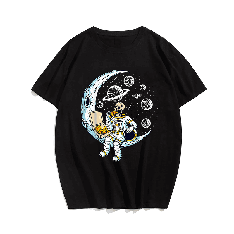 Astronaut Eating Pizza On The Moon In Space Planets T-Shirt, Plus Size Oversize T-shirt for Big & Tall Man