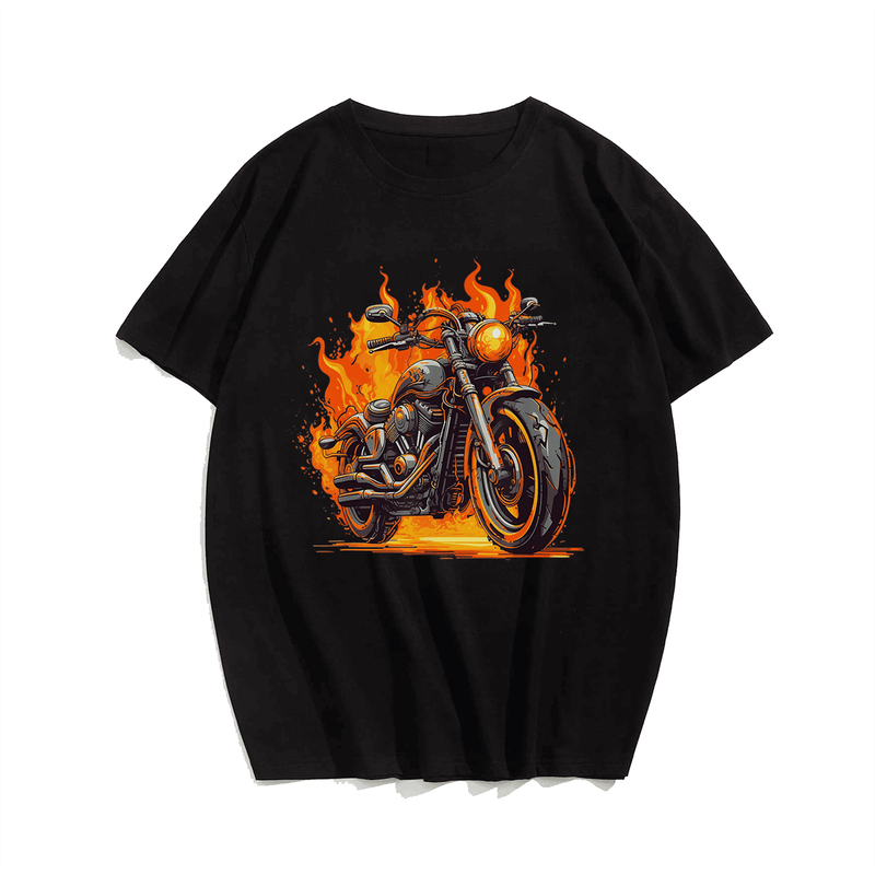 Flaming Motorcycle T-Shirt, Men Plus Size Oversize T-shirt for Big & Tall Man