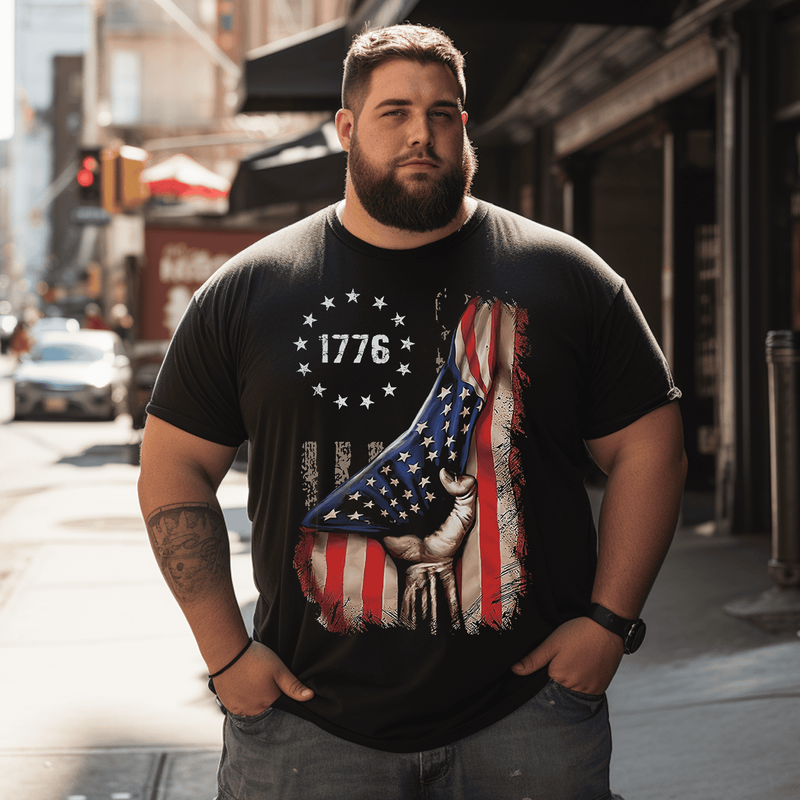 American Flag T-Shirt 1776 Patriotic USA Men Tees Shirts, Oversized T-Shirt for Big and Tall 1XL-9XL