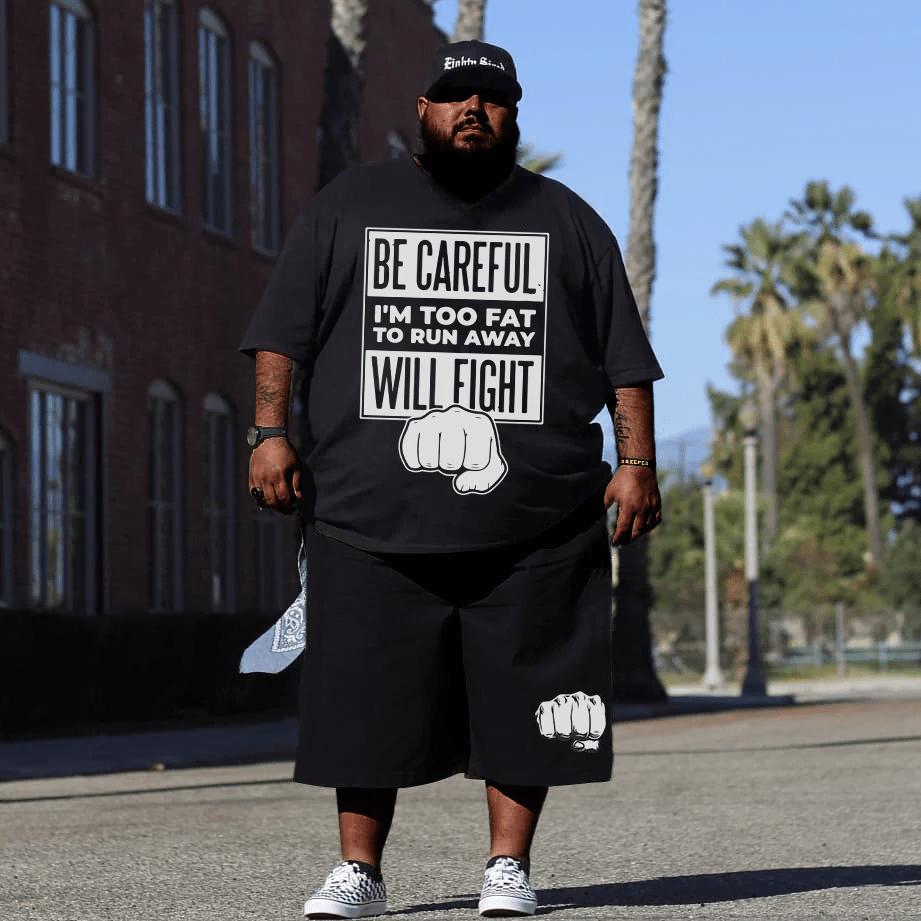 Fat Will Fight Men T-Shirt & Short Set - Funny Printed Words Men Clothing Set